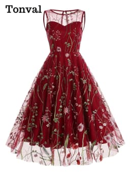 Tonval Floral Mesh Embroidery Evening Party Elegant Women Vintage Midi Dress Keyhole Back Sleeveless Ladies Swing Dresses