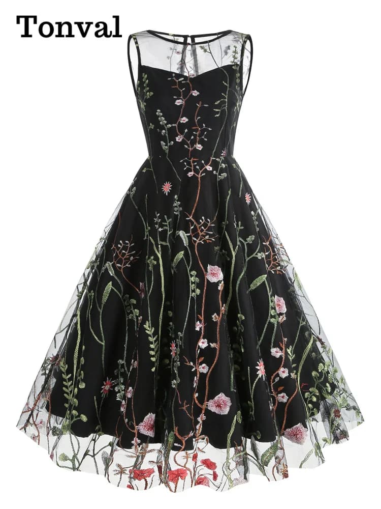 Tonval Floral Mesh Embroidery Evening Party Elegant Women Vintage Midi Dress Keyhole Back Sleeveless Ladies Swing Dresses