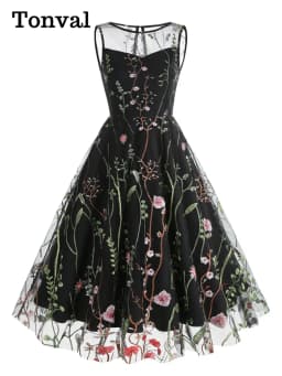 Tonval Floral Mesh Embroidery Evening Party Elegant Women Vintage Midi Dress Keyhole Back Sleeveless Ladies Swing Dresses