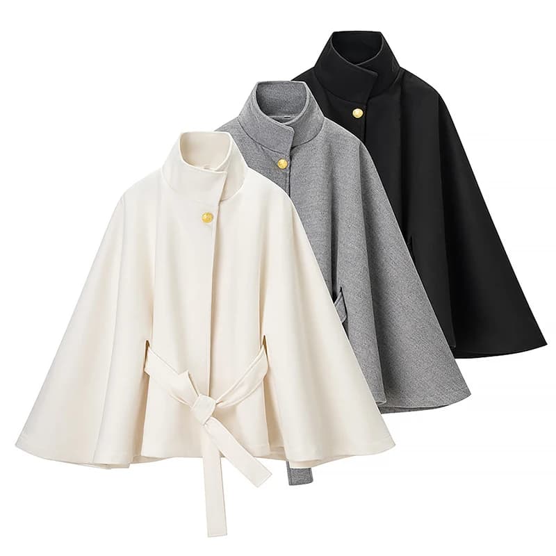 YENKYE Stand Collar Flare Sleeve Elegant Woolen Coat Women Single Button With Belt Autumn Winter Short Outerwear Lady Outfits