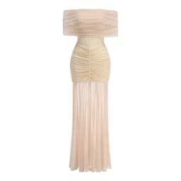 VC Elegant Off-Shoulder Maxi Dress with Body-Hugging Fit and Sheer Fabric for Coastal Occasions Evening Gown
