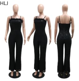 HLJ Sexy Sequin Feather Splicing Spaghetti Strap Party Club Jumpsuits Women Sleeveless Backless Straight Playsuits Lady Overalls
