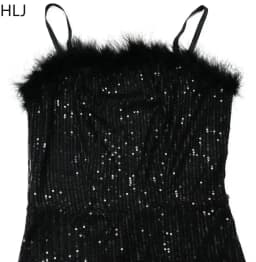 HLJ Sexy Sequin Feather Splicing Spaghetti Strap Party Club Jumpsuits Women Sleeveless Backless Straight Playsuits Lady Overalls