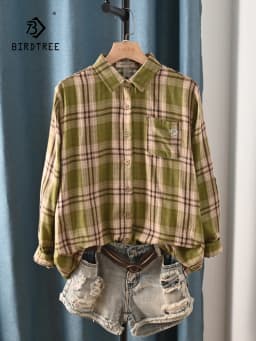 New Spring Cotton Long Sleeve Shirt, Women Lapel Embroidery Plaid Tops, Mori Girl Retro Casual Oversize Blouse, 2025 T4D717CC