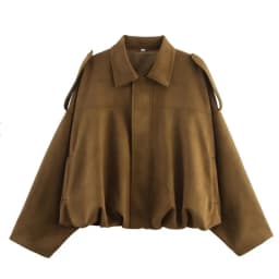 Talenza Women's Suede Jacket Vintage Brown Casual Oversized Collared Zip-Up New Autumn Streetwear Commuter Female Suede Outwear