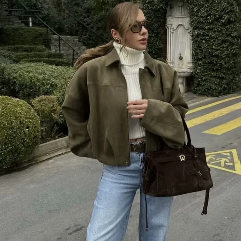 Talenza Women's Suede Jacket Vintage Brown Casual Oversized Collared Zip-Up New Autumn Streetwear Commuter Female Suede Outwear