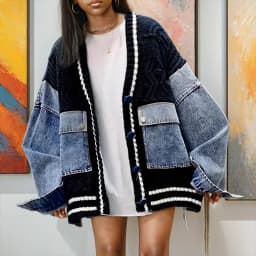 Fashion Trendy Women's Denim Pockets Patchwork Knit Cardigan Loose V-neck Long Sleeves Sweater Female 2025 Spring/Summe