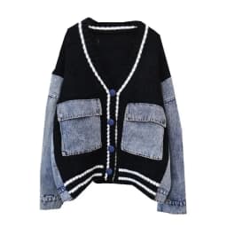 Fashion Trendy Women's Denim Pockets Patchwork Knit Cardigan Loose V-neck Long Sleeves Sweater Female 2025 Spring/Summe