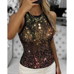 Women's U-Neck Allover Sequin O-neck Sleeveless Tank Tops Slim Fitted Shirt