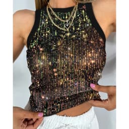 Women's U-Neck Allover Sequin O-neck Sleeveless Tank Tops Slim Fitted Shirt