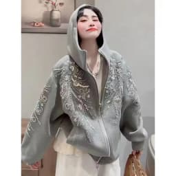 Fashion Flowers Embroidery Sequins Hooded Sweatshirt Jacket Floral Beading Zipper Cardigan Long Sleeve Hoodies Coat Streetwear