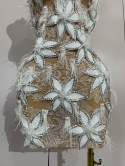 Sexy Sparkly Diamond Flowers Feathers White Transparent Slip Short Dress Evening Prom Celebrate Birthday Dress Photoshoot Wear