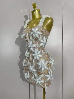 Sexy Sparkly Diamond Flowers Feathers White Transparent Slip Short Dress Evening Prom Celebrate Birthday Dress Photoshoot Wear