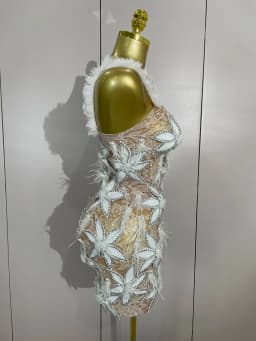 Sexy Sparkly Diamond Flowers Feathers White Transparent Slip Short Dress Evening Prom Celebrate Birthday Dress Photoshoot Wear