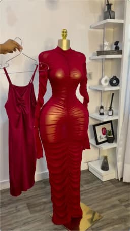 Sexy 2 Piece Dress Set Women Flare Long Sleeve Mesh See Through Stacked Ruched Maxi Dresses with Tank Dress for Birthday Party