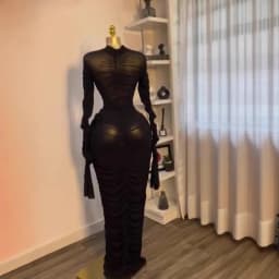Sexy 2 Piece Dress Set Women Flare Long Sleeve Mesh See Through Stacked Ruched Maxi Dresses with Tank Dress for Birthday Party