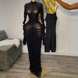 Sexy 2 Piece Dress Set Women Flare Long Sleeve Mesh See Through Stacked Ruched Maxi Dresses with Tank Dress for Birthday Party