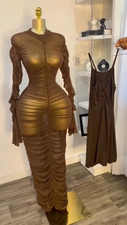 Sexy 2 Piece Dress Set Women Flare Long Sleeve Mesh See Through Stacked Ruched Maxi Dresses with Tank Dress for Birthday Party
