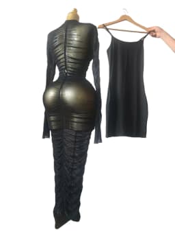 Sexy 2 Piece Dress Set Women Flare Long Sleeve Mesh See Through Stacked Ruched Maxi Dresses with Tank Dress for Birthday Party