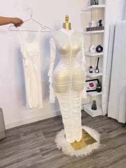 Sexy 2 Piece Dress Set Women Flare Long Sleeve Mesh See Through Stacked Ruched Maxi Dresses with Tank Dress for Birthday Party