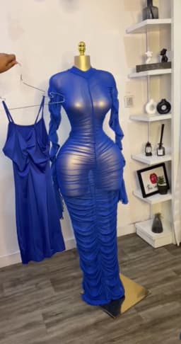 Sexy 2 Piece Dress Set Women Flare Long Sleeve Mesh See Through Stacked Ruched Maxi Dresses with Tank Dress for Birthday Party