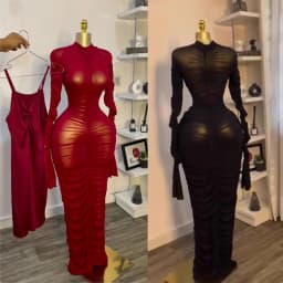 Sexy 2 Piece Dress Set Women Flare Long Sleeve Mesh See Through Stacked Ruched Maxi Dresses with Tank Dress for Birthday Party