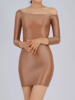 Candy Color Oil Glossy Dresses Long Sleeves Off Shoulder Sexy Ultra Short Packet Hip Skirt High Elastic Tight Mini Dress