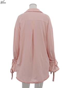 Oymimi Elegant Pink Cotton Sets For Women 2 Pieces Fashion Pockets Long Sleeve Lace-Up Shirts And High Waist Ruffled Shorts Sets