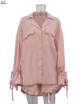 Oymimi Elegant Pink Cotton Sets For Women 2 Pieces Fashion Pockets Long Sleeve Lace-Up Shirts And High Waist Ruffled Shorts Sets