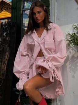 Oymimi Elegant Pink Cotton Sets For Women 2 Pieces Fashion Pockets Long Sleeve Lace-Up Shirts And High Waist Ruffled Shorts Sets