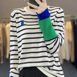 Women's New Pure Wool Soft Spliced Sweater Curled O-neck Striped Pullover Spring Autumn Casual Knit Fashion Top