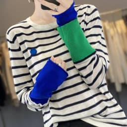 Women's New Pure Wool Soft Spliced Sweater Curled O-neck Striped Pullover Spring Autumn Casual Knit Fashion Top