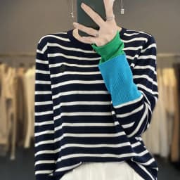 Women's New Pure Wool Soft Spliced Sweater Curled O-neck Striped Pullover Spring Autumn Casual Knit Fashion Top