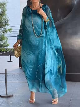 2026 Wrist Sleeve Print Patchwork Maxi Dress, Women O Neck Fashion Elegant Party Dress, Spring Autumn Simple Loose Ladies Dress