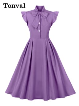 Tonval Bow Neck Button Up Ruffle Sleeve Elegant Long Dresses Summer Vacation Clothes for Women Vintage Solid Pleated Midi Dress