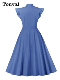 Tonval Bow Neck Button Up Ruffle Sleeve Elegant Long Dresses Summer Vacation Clothes for Women Vintage Solid Pleated Midi Dress