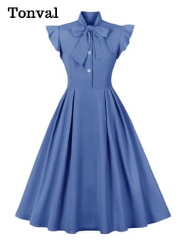 Tonval Bow Neck Button Up Ruffle Sleeve Elegant Long Dresses Summer Vacation Clothes for Women Vintage Solid Pleated Midi Dress
