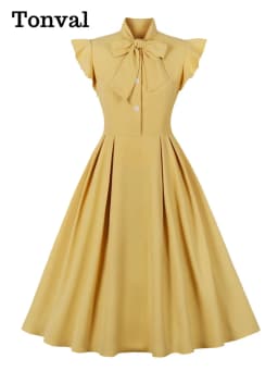 Tonval Bow Neck Button Up Ruffle Sleeve Elegant Long Dresses Summer Vacation Clothes for Women Vintage Solid Pleated Midi Dress