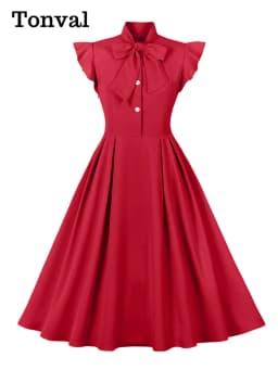 Tonval Bow Neck Button Up Ruffle Sleeve Elegant Long Dresses Summer Vacation Clothes for Women Vintage Solid Pleated Midi Dress