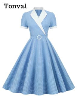 Tonval Lavender Contrast Collar and Cuff Plaid Rockabilly Vintage Style High Waist Women Summer Elegant Formal Swing Dresses