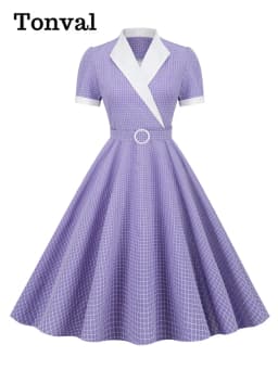 Tonval Lavender Contrast Collar and Cuff Plaid Rockabilly Vintage Style High Waist Women Summer Elegant Formal Swing Dresses