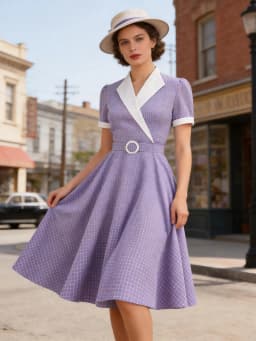 Tonval Lavender Contrast Collar and Cuff Plaid Rockabilly Vintage Style High Waist Women Summer Elegant Formal Swing Dresses