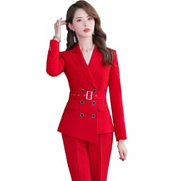 Asymmetric Size S-5XL Women Pant Suit With Belt Red White Black Two Pieces Set Triple Breasted Blazer With Trouser For Winter