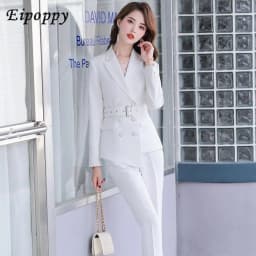 Asymmetric Size S-5XL Women Pant Suit With Belt Red White Black Two Pieces Set Triple Breasted Blazer With Trouser For Winter