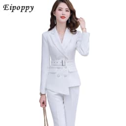 Asymmetric Size S-5XL Women Pant Suit With Belt Red White Black Two Pieces Set Triple Breasted Blazer With Trouser For Winter
