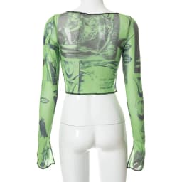 2025 Sexy See through Crop Top for Women Vintage Graphic Print Green Mesh Sheer T-shirt with Long Flare Sleeves Slim Fit Tee