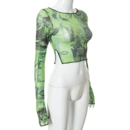 2025 Sexy See through Crop Top for Women Vintage Graphic Print Green Mesh Sheer T-shirt with Long Flare Sleeves Slim Fit Tee