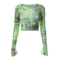 2025 Sexy See through Crop Top for Women Vintage Graphic Print Green Mesh Sheer T-shirt with Long Flare Sleeves Slim Fit Tee