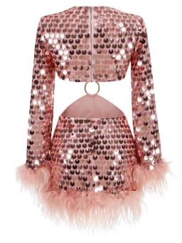 Sexy O Neck Long Sleeve Sequins Feathers Mini Dress Women Pink Glitter Sequin Backless Slim Dress Elegant Evening Party Club