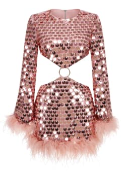 Sexy O Neck Long Sleeve Sequins Feathers Mini Dress Women Pink Glitter Sequin Backless Slim Dress Elegant Evening Party Club